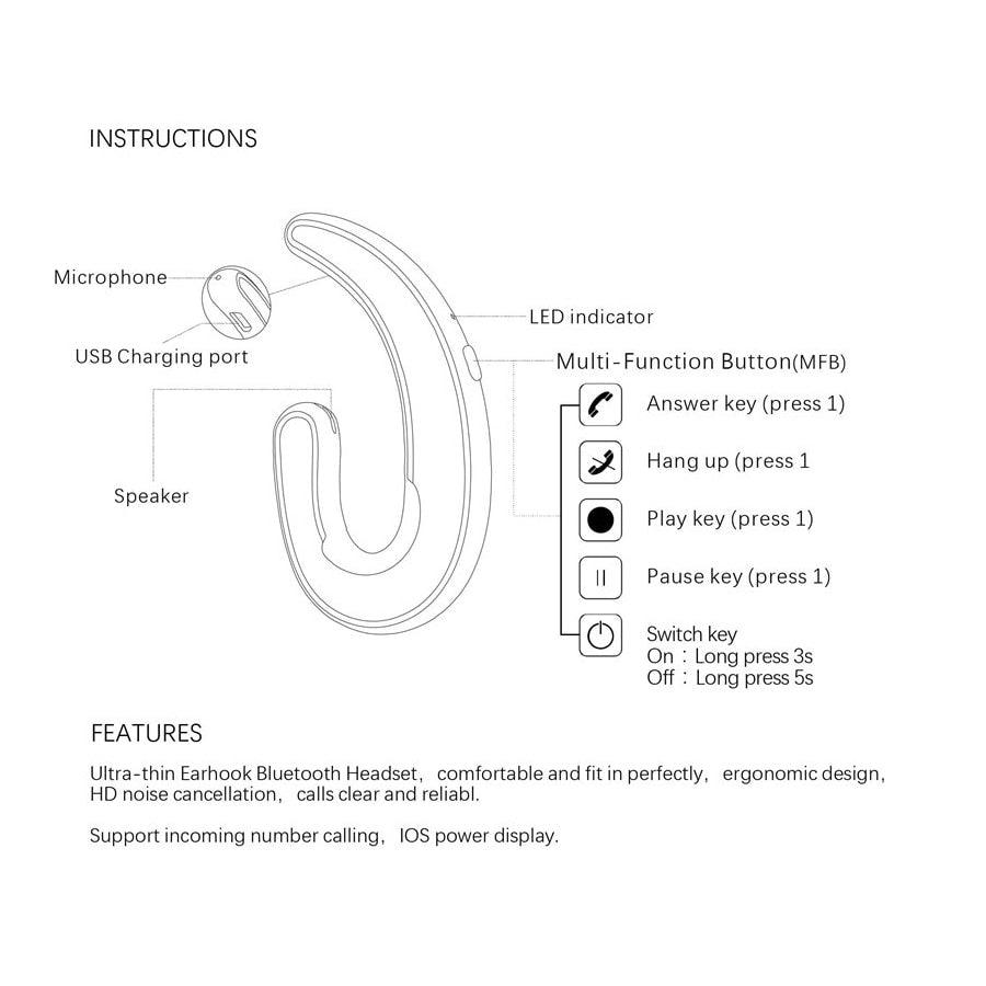 Écouteur unique Bluetooth pour bureau, écouteur sans douleur exquis, suppression du bruit sans fil, écouteurs mains libres à conduction osseuse, casque sans fil avec crochets supra-auriculaires, écouteurs ergonomiques avec micro