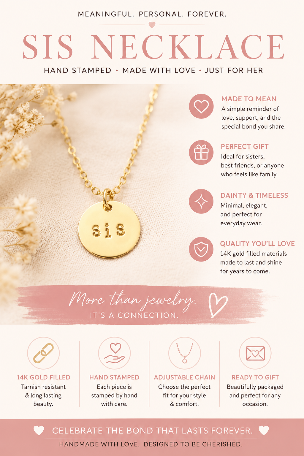 Collier « SIS » Estampillé à la Main | Cadeau Personnalisé pour Sœur | Collier Fin en Or | Bijou d'Amitié | Cadeau Bijou Fait Main