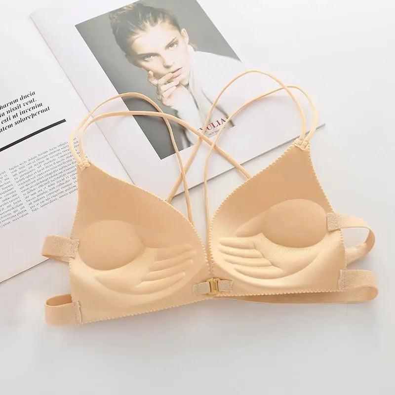 Soutien-gorge dos nu sexy, sans armatures, à fermeture avant, rembourré, bralette push-up sans coutures pour femme.