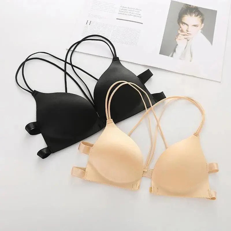 Soutien-gorge dos nu sexy, sans armatures, à fermeture avant, rembourré, bralette push-up sans coutures pour femme.