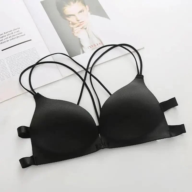 Soutien-gorge dos nu sexy, sans armatures, à fermeture avant, rembourré, bralette push-up sans coutures pour femme.