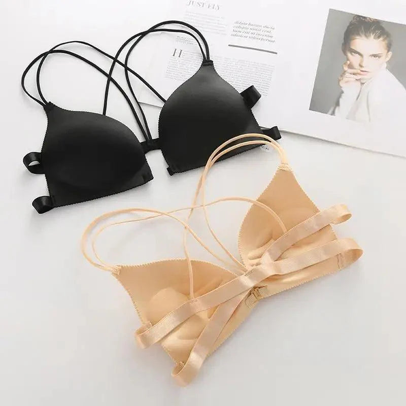 Soutien-gorge dos nu sexy, sans armatures, à fermeture avant, rembourré, bralette push-up sans coutures pour femme.