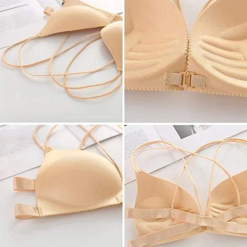 Soutien-gorge dos nu sexy, sans armatures, à fermeture avant, rembourré, bralette push-up sans coutures pour femme.