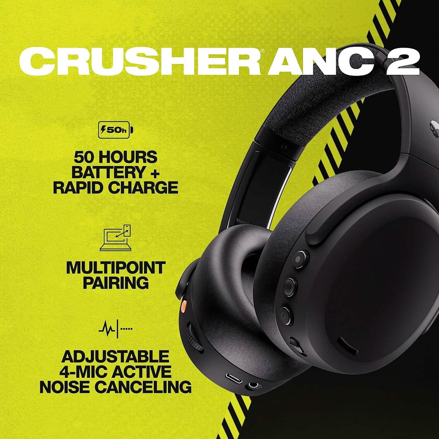 Écouteurs sans fil supra-auriculaires Skullcandy Crusher ANC 2 avec annulation de bruit et basses sensorielles (reconditionnés)