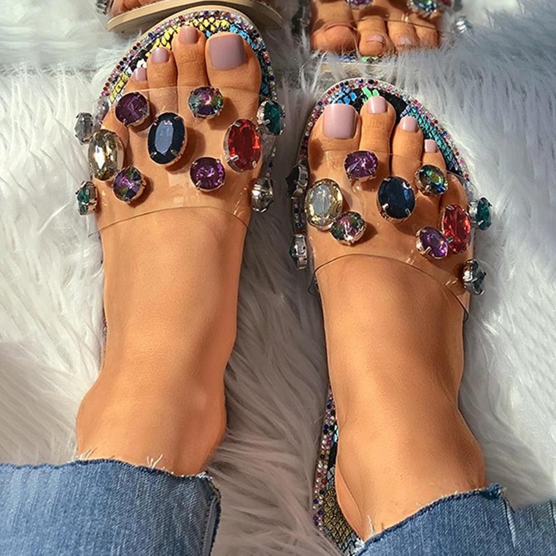 Sandales à enfiler pour femme, tongs, chaussures, mules, strass, sandales plates, diamants, bout ouvert, tongs plates avec strass transparents, tongs décontractées à enfiler pour soirée