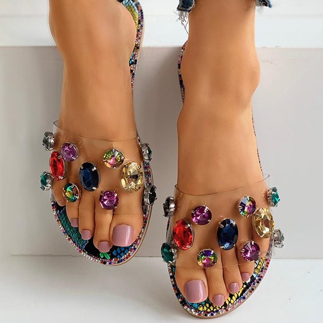 Sandales à enfiler pour femme, tongs, chaussures, mules, strass, sandales plates, diamants, bout ouvert, tongs plates avec strass transparents, tongs décontractées à enfiler pour soirée