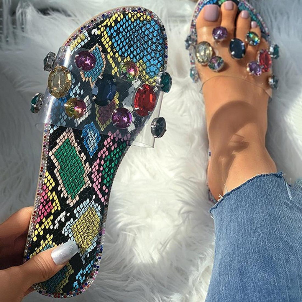 Sandales à enfiler pour femme, tongs, chaussures, mules, strass, sandales plates, diamants, bout ouvert, tongs plates avec strass transparents, tongs décontractées à enfiler pour soirée