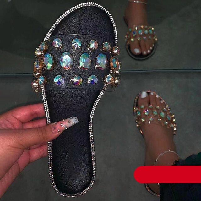 Sandales à enfiler pour femme, tongs, chaussures, mules, strass, sandales plates, diamants, bout ouvert, tongs plates avec strass transparents, tongs décontractées à enfiler pour soirée