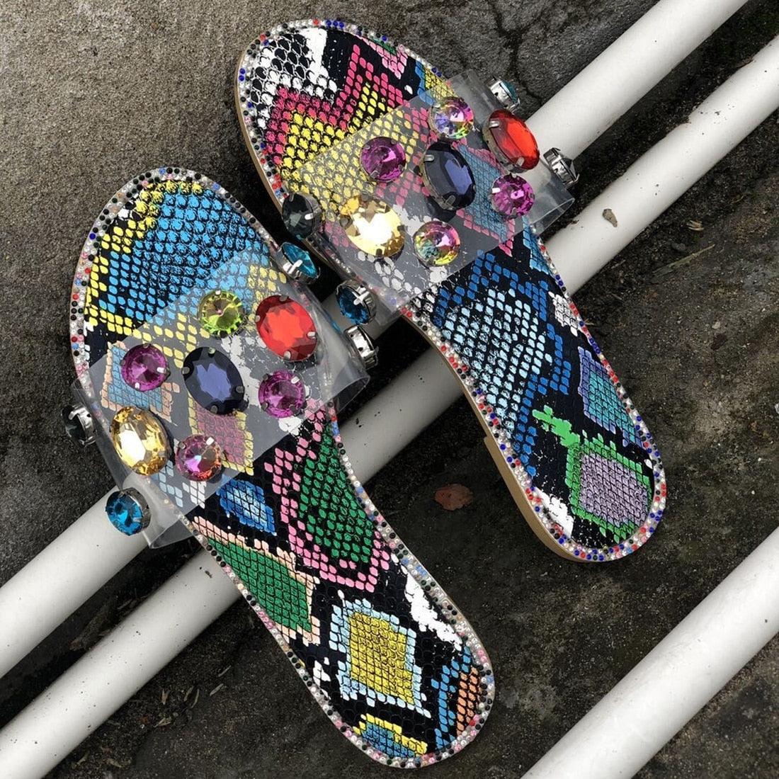 Sandales à enfiler pour femme, tongs, chaussures, mules, strass, sandales plates, diamants, bout ouvert, tongs plates avec strass transparents, tongs décontractées à enfiler pour soirée