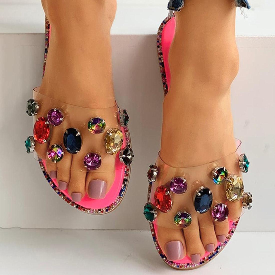 Sandales à enfiler pour femme, tongs, chaussures, mules, strass, sandales plates, diamants, bout ouvert, tongs plates avec strass transparents, tongs décontractées à enfiler pour soirée