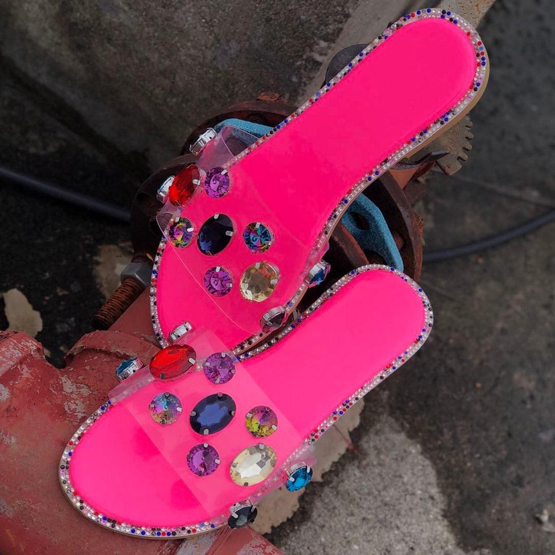 Sandales à enfiler pour femme, tongs, chaussures, mules, strass, sandales plates, diamants, bout ouvert, tongs plates avec strass transparents, tongs décontractées à enfiler pour soirée