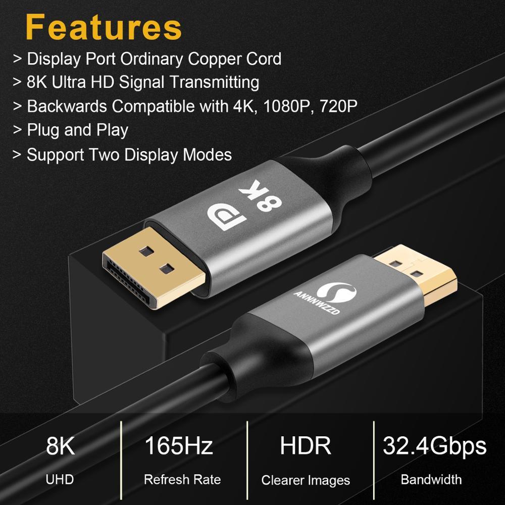 Câble adaptateur DisplayPort fin et flexible 1.4 8K HDR 60Hz 4K@144Hz 32,4 Gbit/s pour PC portable TV moniteur projecteur