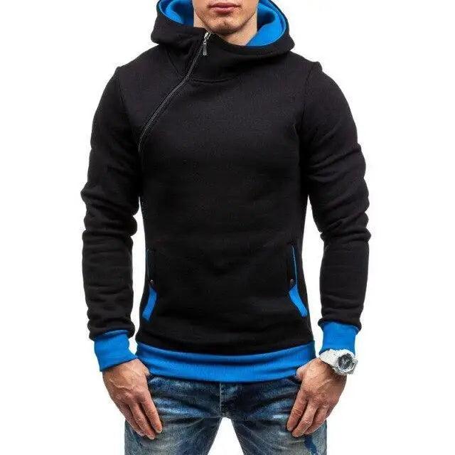 Blouson pour homme coupe ajustée, blouson de style hip-hop pour homme, blouson à capuche pour homme, blouson zippé en diagonale, blouson épais de sport et d'extérieur noir, col élégant, blouson classique, blouson d'hiver chaud pour homme
