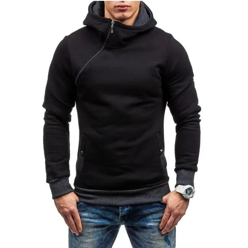 Blouson pour homme coupe ajustée, blouson de style hip-hop pour homme, blouson à capuche pour homme, blouson zippé en diagonale, blouson épais de sport et d'extérieur noir, col élégant, blouson classique, blouson d'hiver chaud pour homme