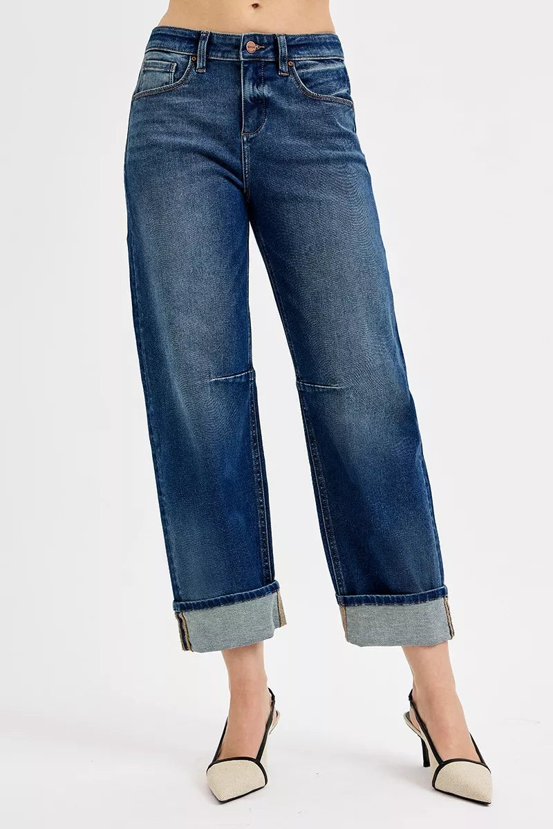 Jean décontracté coupe tonneau raccourcie avec revers, bleu foncé