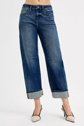 Jean décontracté coupe tonneau raccourcie avec revers, bleu foncé