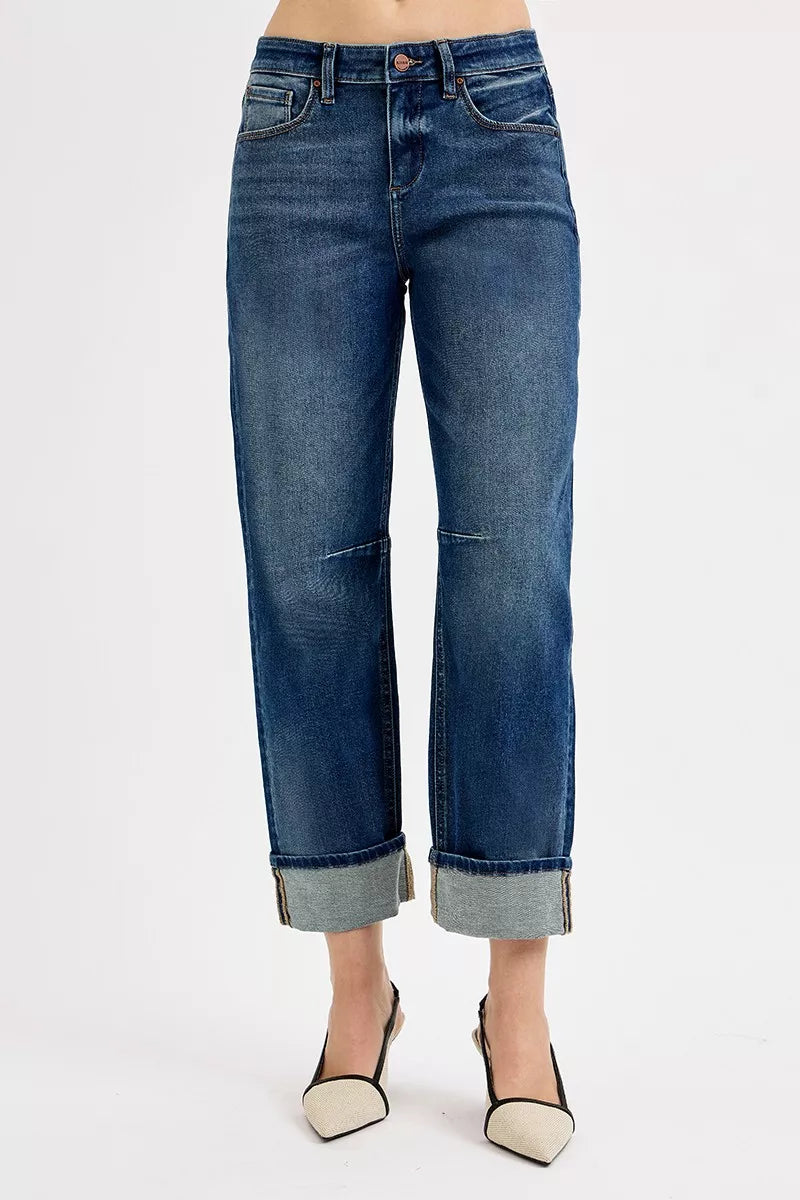 Jean décontracté coupe tonneau raccourcie avec revers, bleu foncé