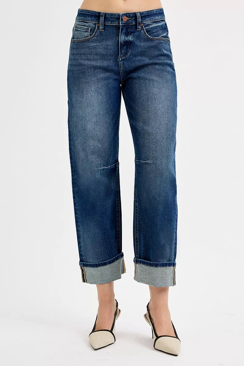 Jean décontracté coupe tonneau raccourcie avec revers, bleu foncé