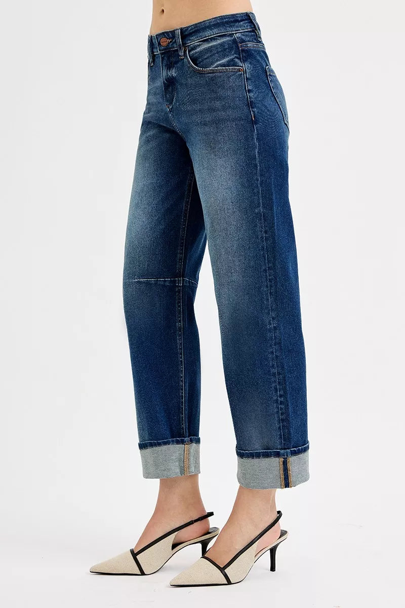 Jean décontracté coupe tonneau raccourcie avec revers, bleu foncé