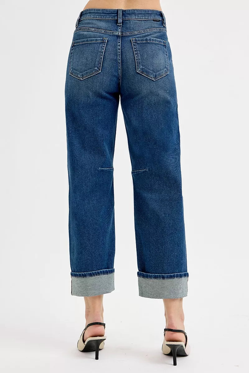 Jean décontracté coupe tonneau raccourcie avec revers, bleu foncé