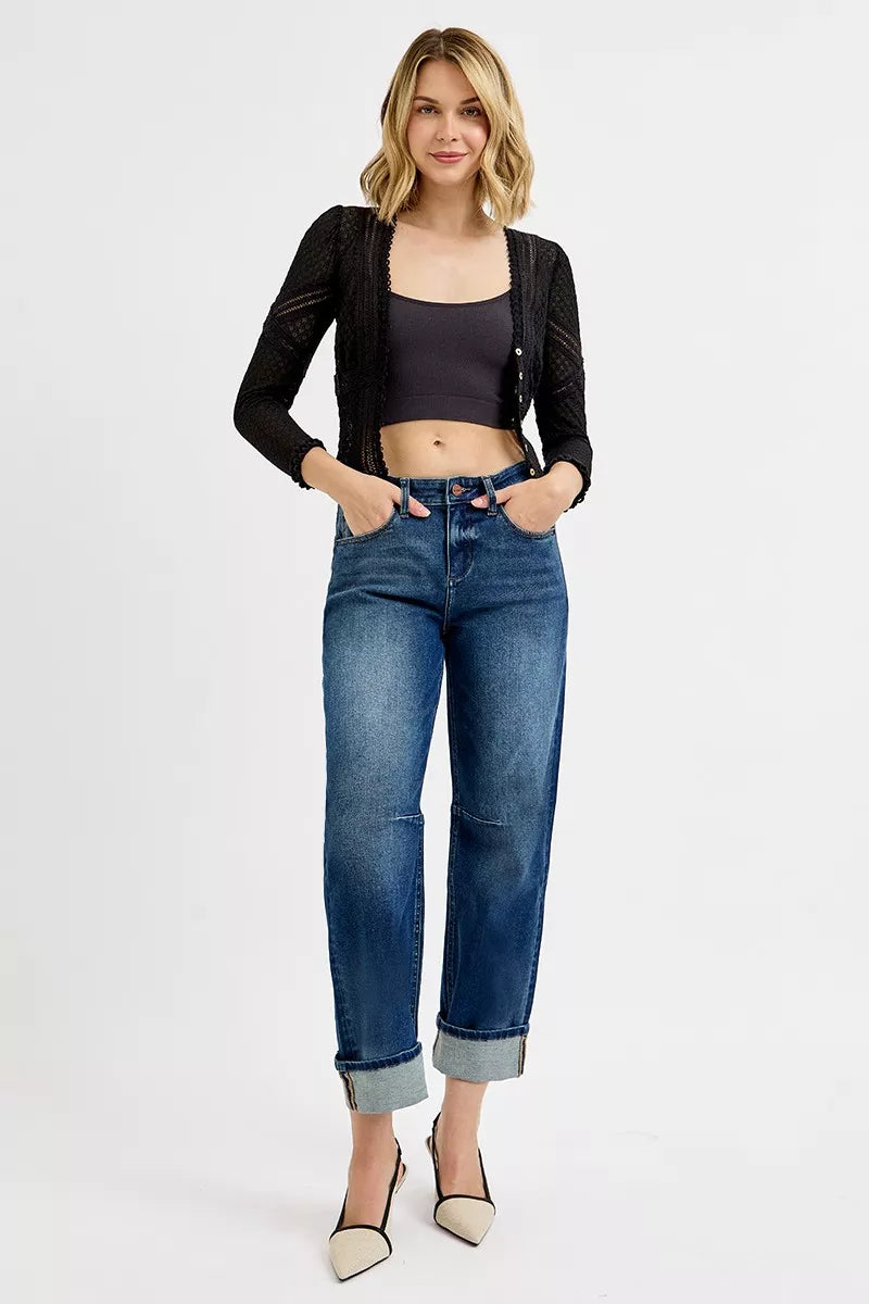 Jean décontracté coupe tonneau raccourcie avec revers, bleu foncé