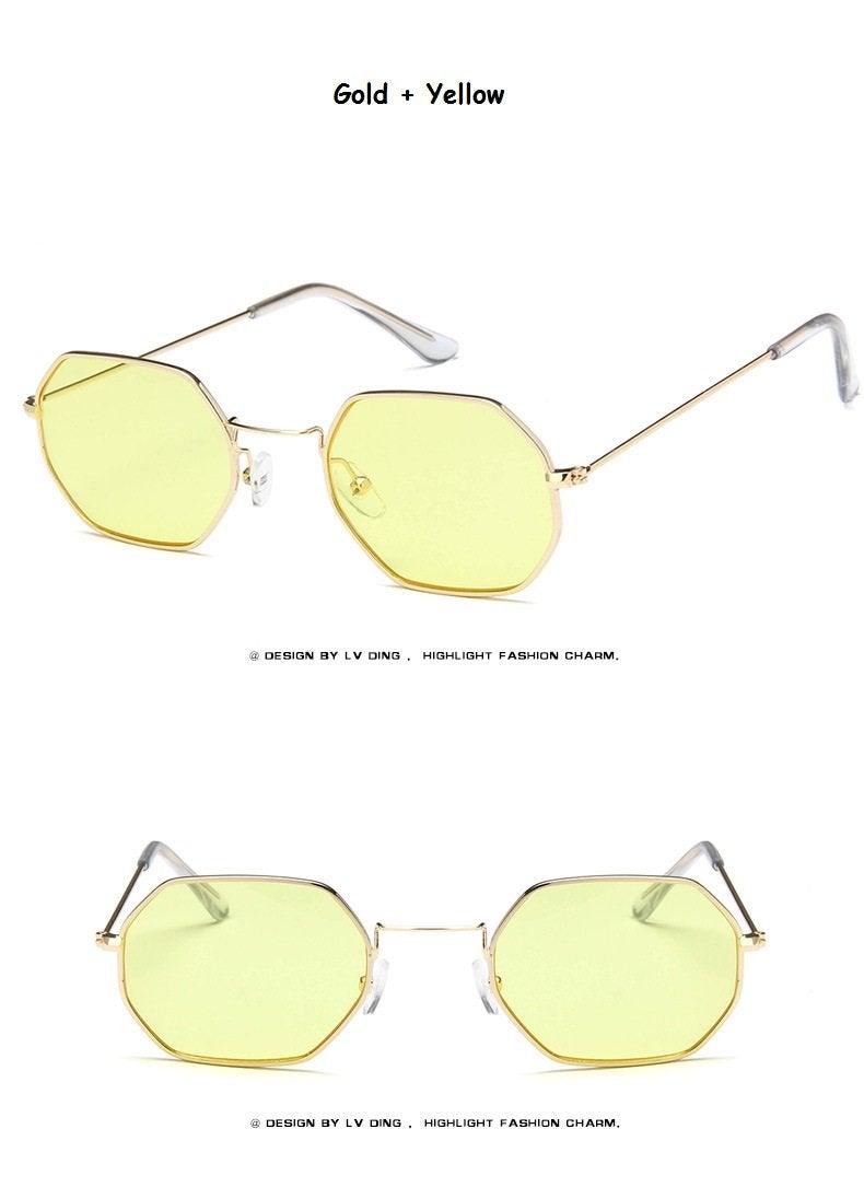 Lunettes de soleil petit polygone pour femmes et hommes - Lunettes de soleil délicates en métal - Cadre rétro classique de petite taille pour femmes - Lunettes de soleil design pour hommes