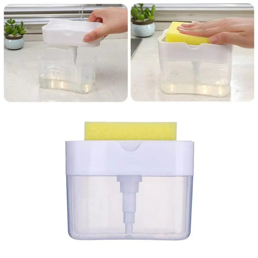 Distributeur de savon intelligent pour la cuisine, distributeur de pompe à savon pour la vaisselle, support d'éponge de cuisine, boîte à savon pratique et peu encombrante 2 EN 1 Pompe à savon de cuisine