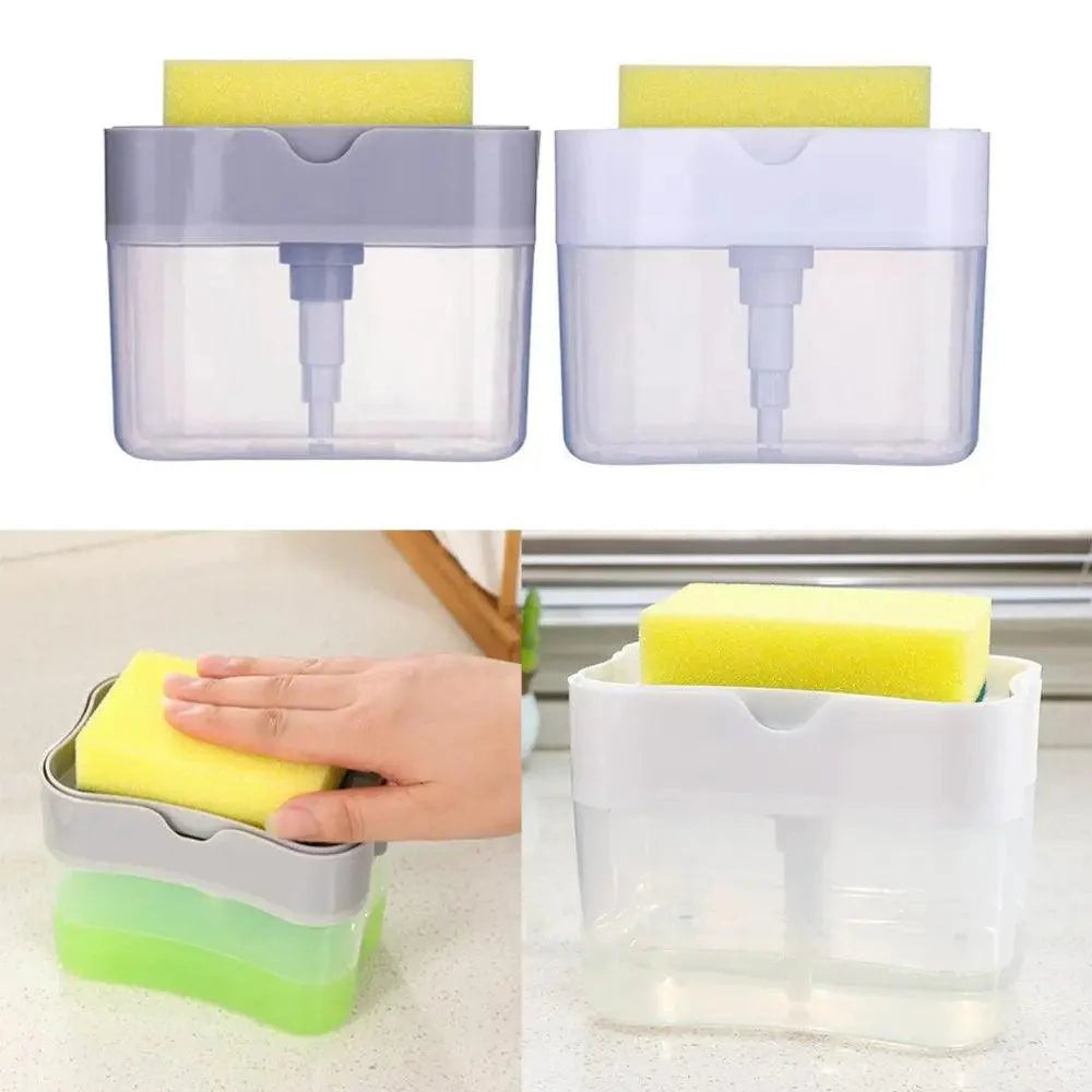 Distributeur de savon intelligent pour la cuisine, distributeur de pompe à savon pour la vaisselle, support d'éponge de cuisine, boîte à savon pratique et peu encombrante 2 EN 1 Pompe à savon de cuisine