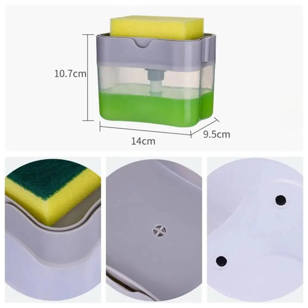 Distributeur de savon intelligent pour la cuisine, distributeur de pompe à savon pour la vaisselle, support d'éponge de cuisine, boîte à savon pratique et peu encombrante 2 EN 1 Pompe à savon de cuisine