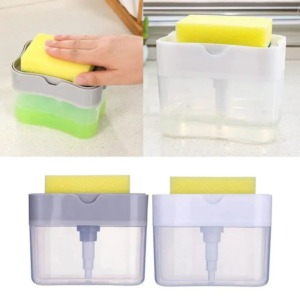 Distributeur de savon intelligent pour la cuisine, distributeur de pompe à savon pour la vaisselle, support d'éponge de cuisine, boîte à savon pratique et peu encombrante 2 EN 1 Pompe à savon de cuisine