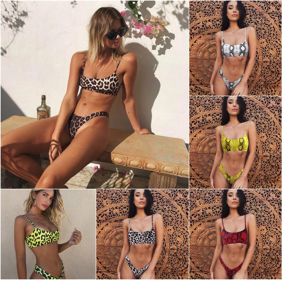 Maillot de Bain Femme Bikini Peau de Serpent Maillots de Bain Léopard Bikinis Maillot de Bain Push-Up Maillot de Bain Femme Encolure Dégagée Bretelles Haut Court Découpé avec Bas Échancré Deux Pièces Maillots de Bain Plage Femme Bikini de Natation Femme