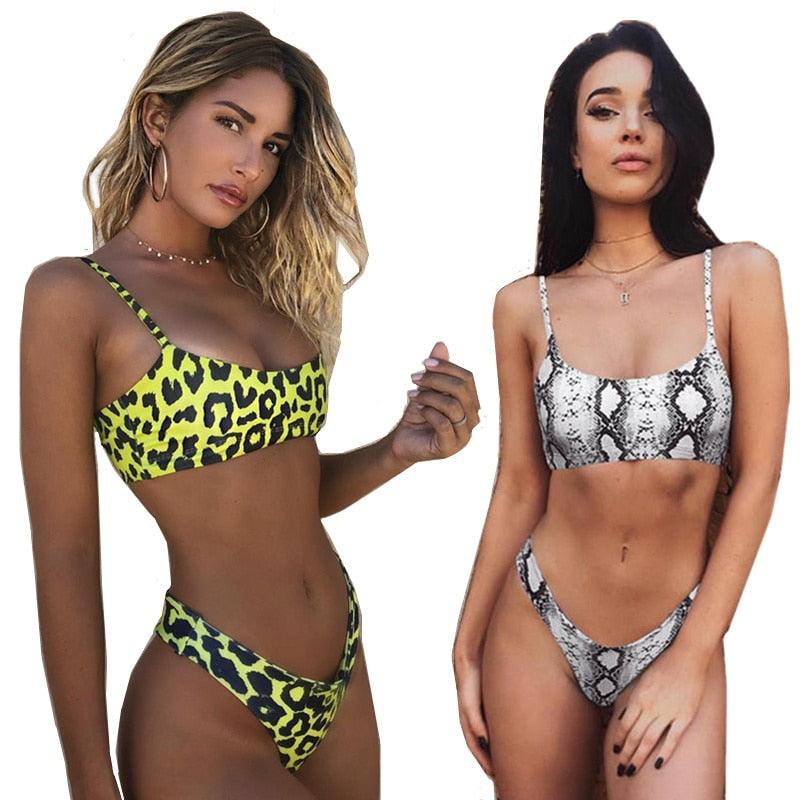 Maillot de Bain Femme Bikini Peau de Serpent Maillots de Bain Léopard Bikinis Maillot de Bain Push-Up Maillot de Bain Femme Encolure Dégagée Bretelles Haut Court Découpé avec Bas Échancré Deux Pièces Maillots de Bain Plage Femme Bikini de Natation Femme