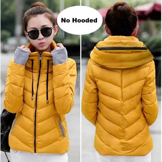 Veste d'hiver douce et confortable pour femme, courte, épaisse, coupe-vent, avec capuche, fermeture éclair, en coton matelassé, coupe ajustée, couleur unie, hauts basiques.