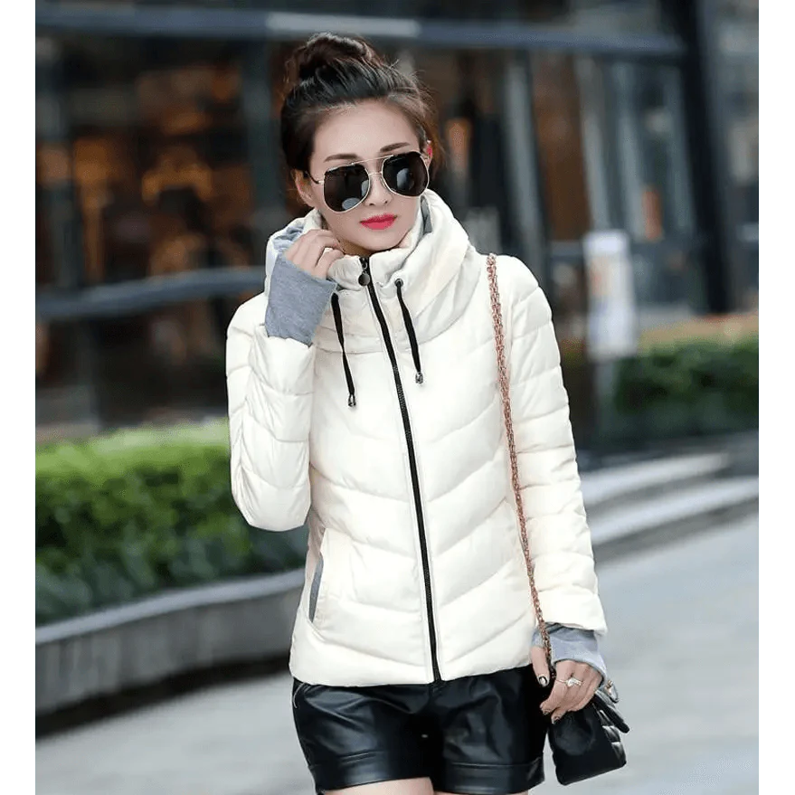 Veste d'hiver douce et confortable pour femme, courte, épaisse, coupe-vent, avec capuche, fermeture éclair, en coton matelassé, coupe ajustée, couleur unie, hauts basiques.