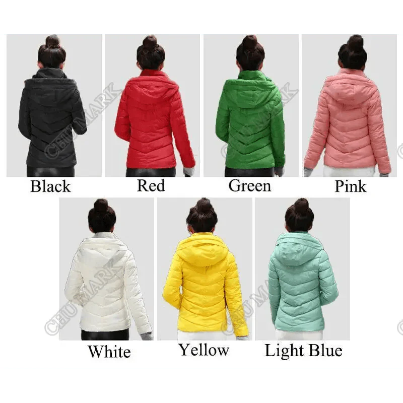 Veste d'hiver douce et confortable pour femme, courte, épaisse, coupe-vent, avec capuche, fermeture éclair, en coton matelassé, coupe ajustée, couleur unie, hauts basiques.