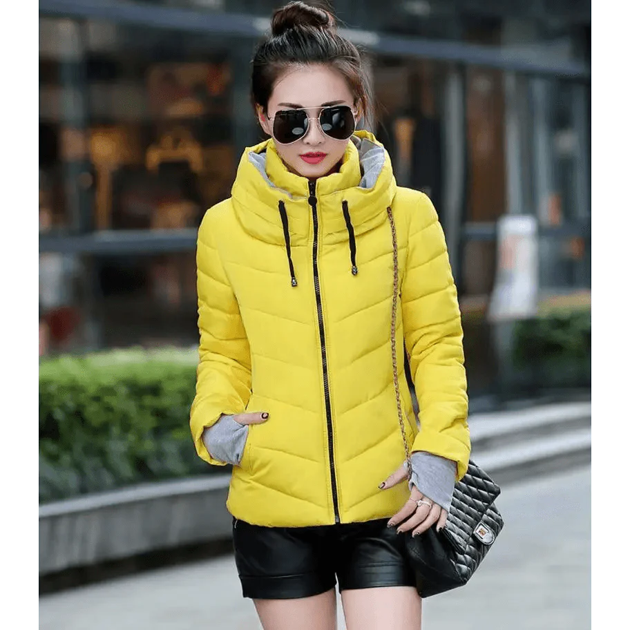 Veste d'hiver douce et confortable pour femme, courte, épaisse, coupe-vent, avec capuche, fermeture éclair, en coton matelassé, coupe ajustée, couleur unie, hauts basiques.