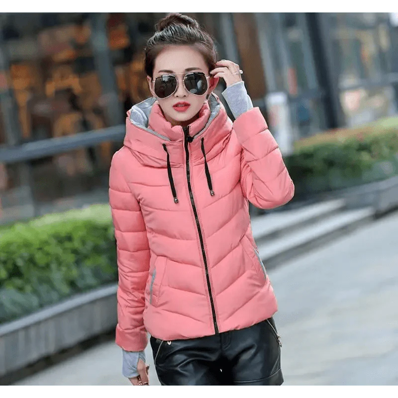 Veste d'hiver douce et confortable pour femme, courte, épaisse, coupe-vent, avec capuche, fermeture éclair, en coton matelassé, coupe ajustée, couleur unie, hauts basiques.