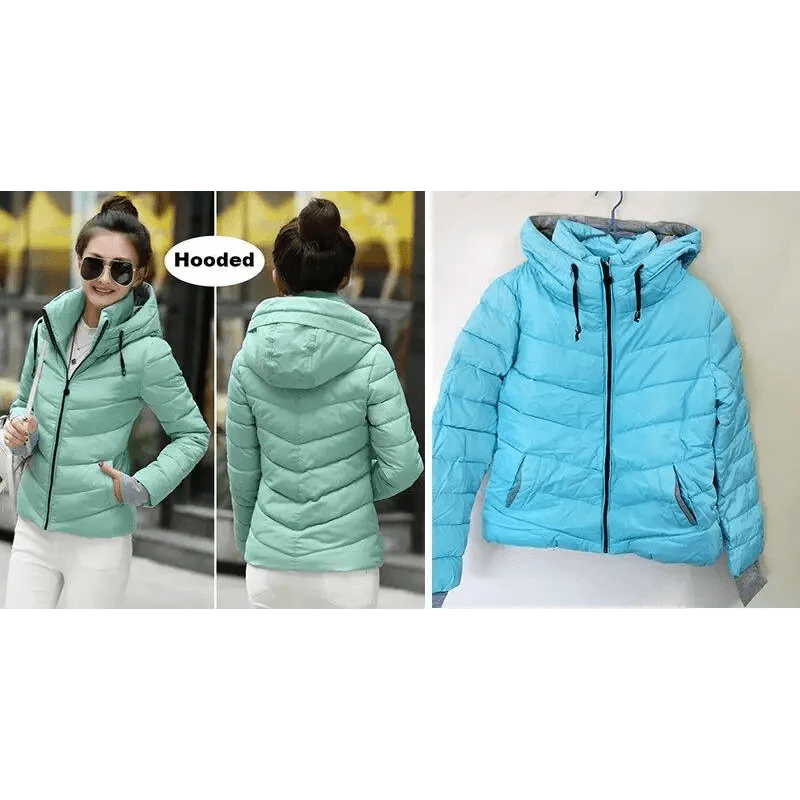 Veste d'hiver douce et confortable pour femme, courte, épaisse, coupe-vent, avec capuche, fermeture éclair, en coton matelassé, coupe ajustée, couleur unie, hauts basiques.
