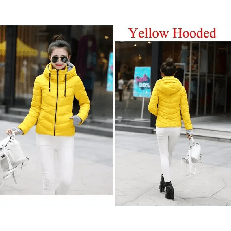 Veste d'hiver douce et confortable pour femme, courte, épaisse, coupe-vent, avec capuche, fermeture éclair, en coton matelassé, coupe ajustée, couleur unie, hauts basiques.