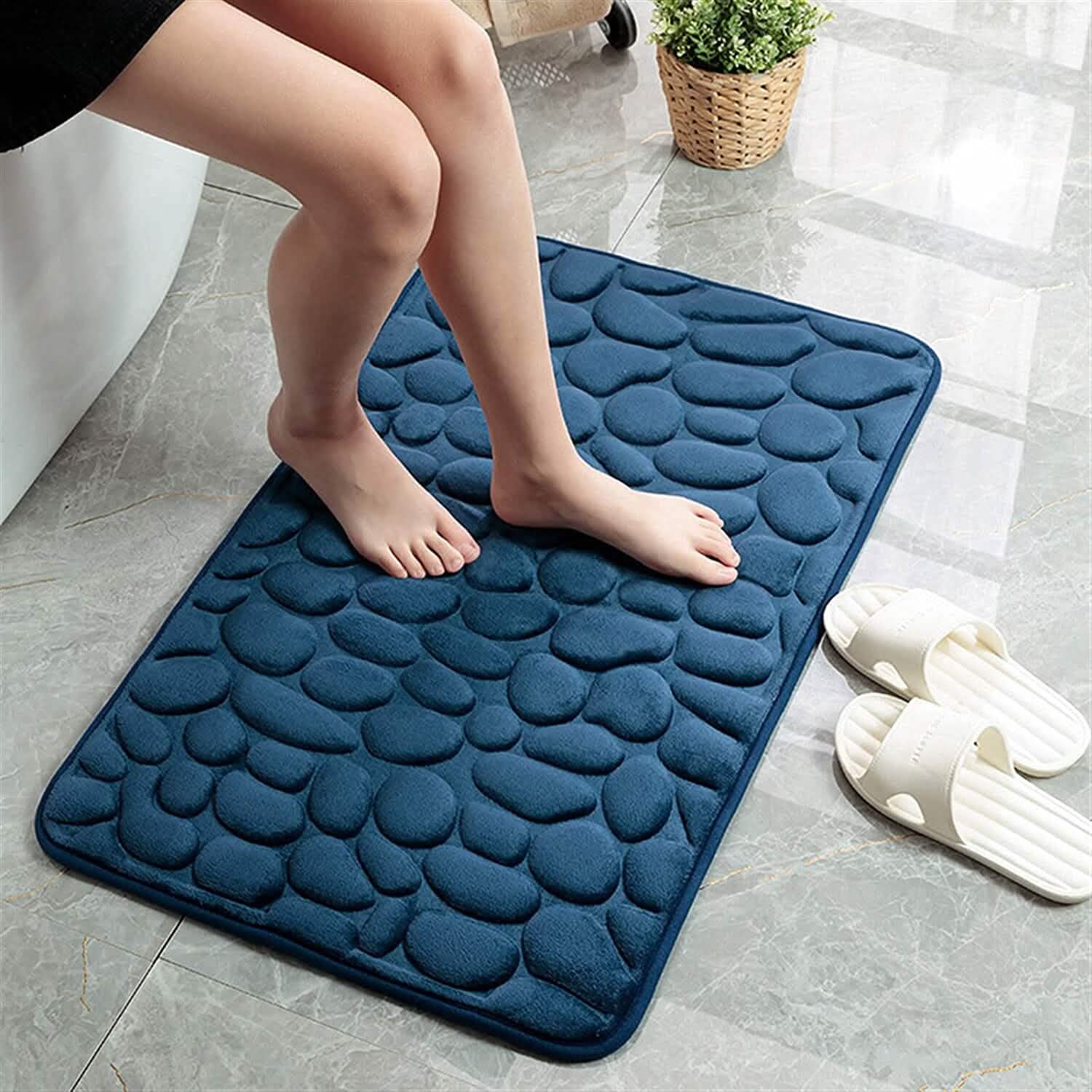 Tapis de Bain Antidérapant en Mousse à Mémoire de Forme Souple, Motif Galets en Relief