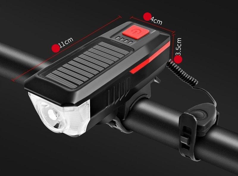 Éclairage de vélo solaire LED avant de vélo de route VTT étanche avertisseur sonore de vélo rechargeable klaxon de phare alimenté par énergie solaire USB 3 modes de phares de vélo combinaisons de phares avant et klaxon pour le cyclisme