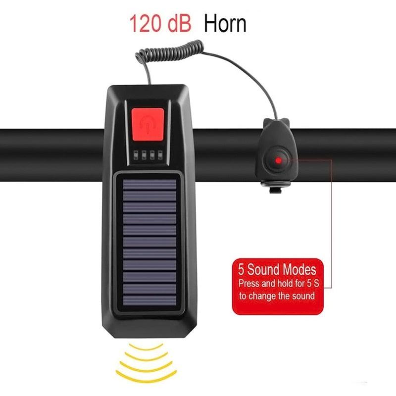 Éclairage de vélo solaire LED avant de vélo de route VTT étanche avertisseur sonore de vélo rechargeable klaxon de phare alimenté par énergie solaire USB 3 modes de phares de vélo combinaisons de phares avant et klaxon pour le cyclisme