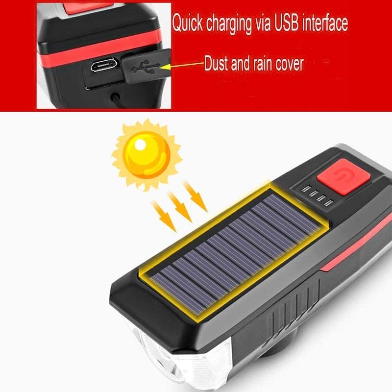 Éclairage de vélo solaire LED avant de vélo de route VTT étanche avertisseur sonore de vélo rechargeable klaxon de phare alimenté par énergie solaire USB 3 modes de phares de vélo combinaisons de phares avant et klaxon pour le cyclisme