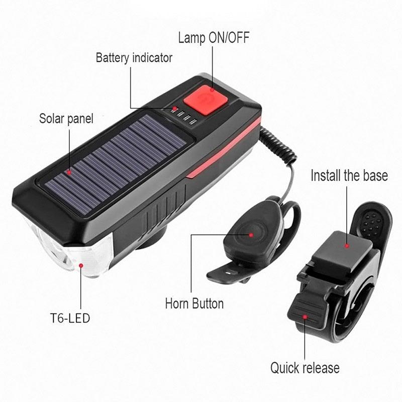 Éclairage de vélo solaire LED avant de vélo de route VTT étanche avertisseur sonore de vélo rechargeable klaxon de phare alimenté par énergie solaire USB 3 modes de phares de vélo combinaisons de phares avant et klaxon pour le cyclisme