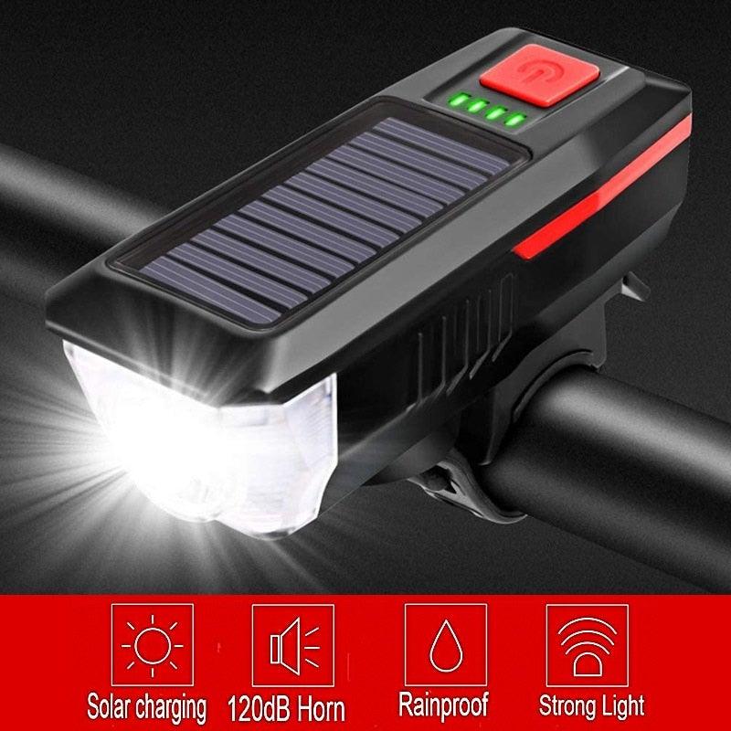 Éclairage de vélo solaire LED avant de vélo de route VTT étanche avertisseur sonore de vélo rechargeable klaxon de phare alimenté par énergie solaire USB 3 modes de phares de vélo combinaisons de phares avant et klaxon pour le cyclisme