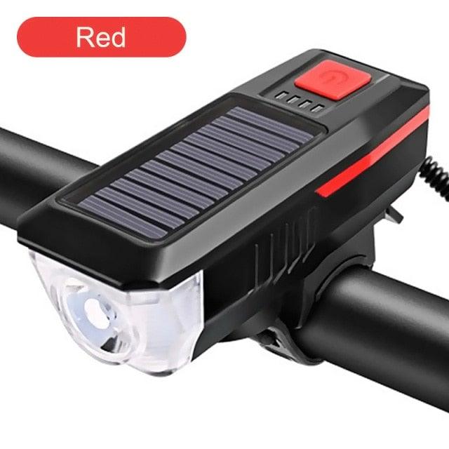 Éclairage de vélo solaire LED avant de vélo de route VTT étanche avertisseur sonore de vélo rechargeable klaxon de phare alimenté par énergie solaire USB 3 modes de phares de vélo combinaisons de phares avant et klaxon pour le cyclisme