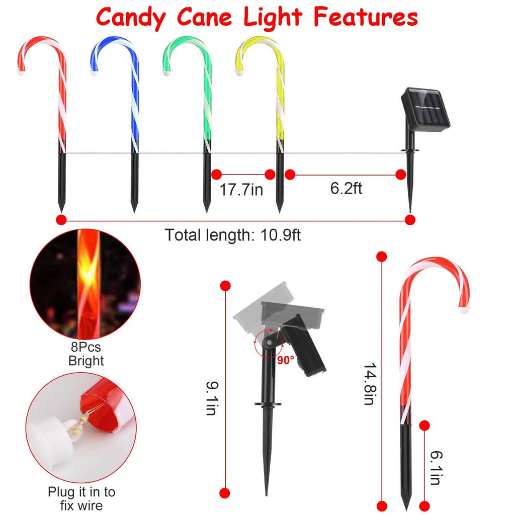 Guirlande Lumineuse Solaire de Noël Canne à Sucre IP55 Étanche avec Piquet