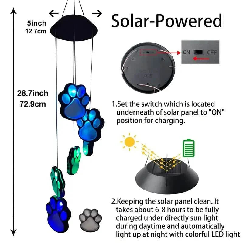 Carillon éolien solaire lumineux en forme de patte de chien