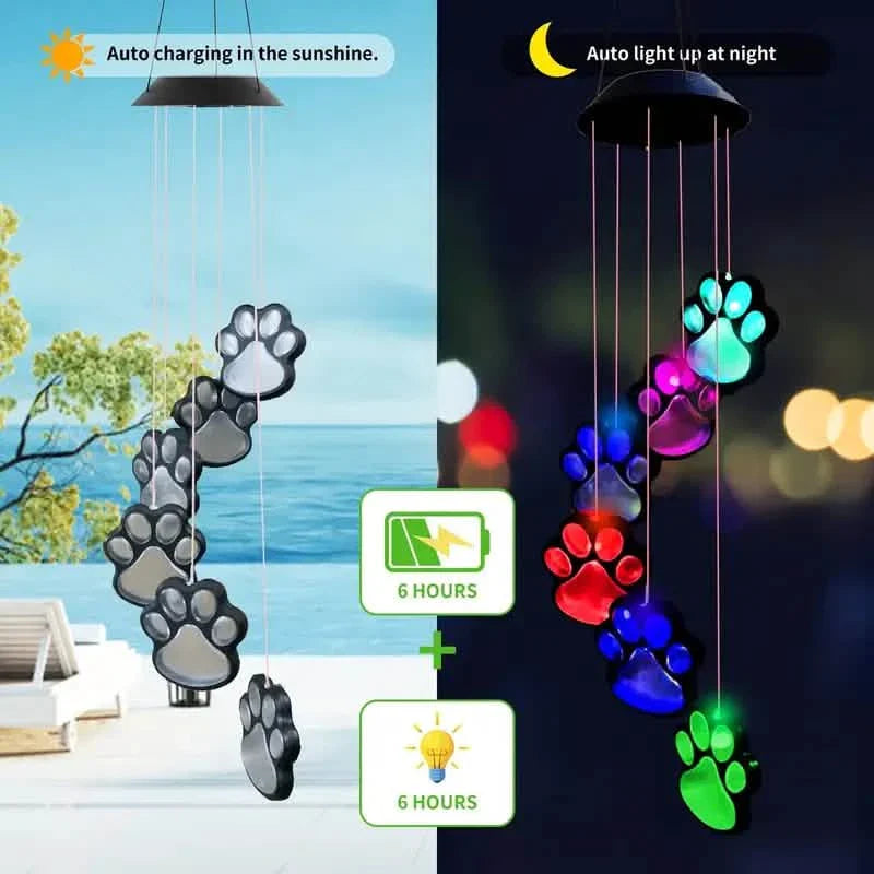 Carillon éolien solaire lumineux en forme de patte de chien