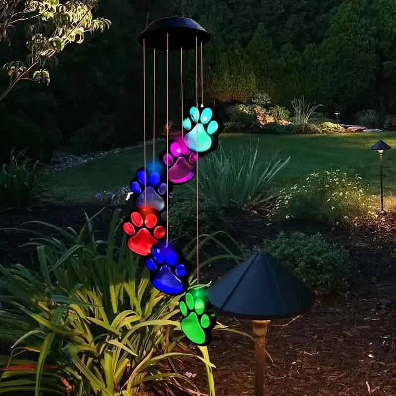 Carillon éolien solaire lumineux en forme de patte de chien